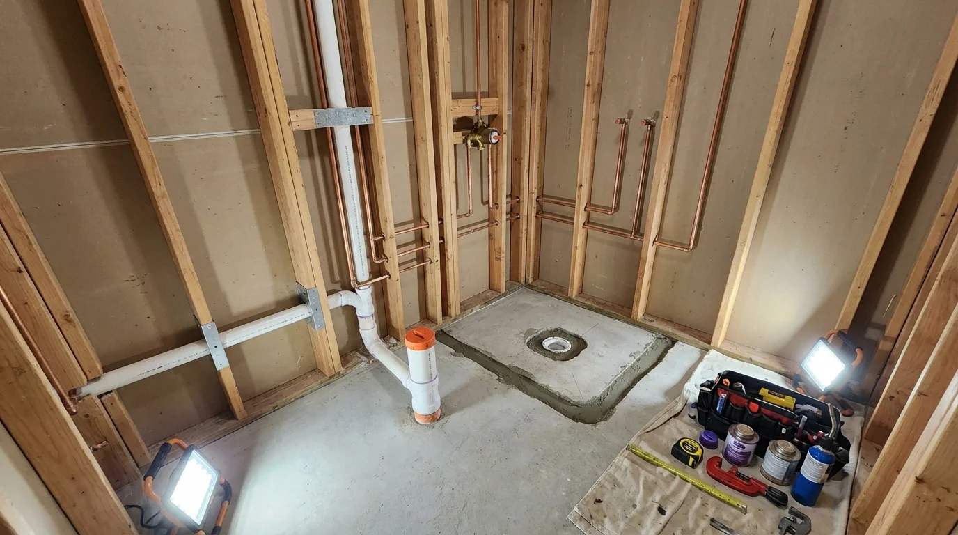 Bathroom rough-in plumbing during remodel by Johns Plumbing LLC in Sparta