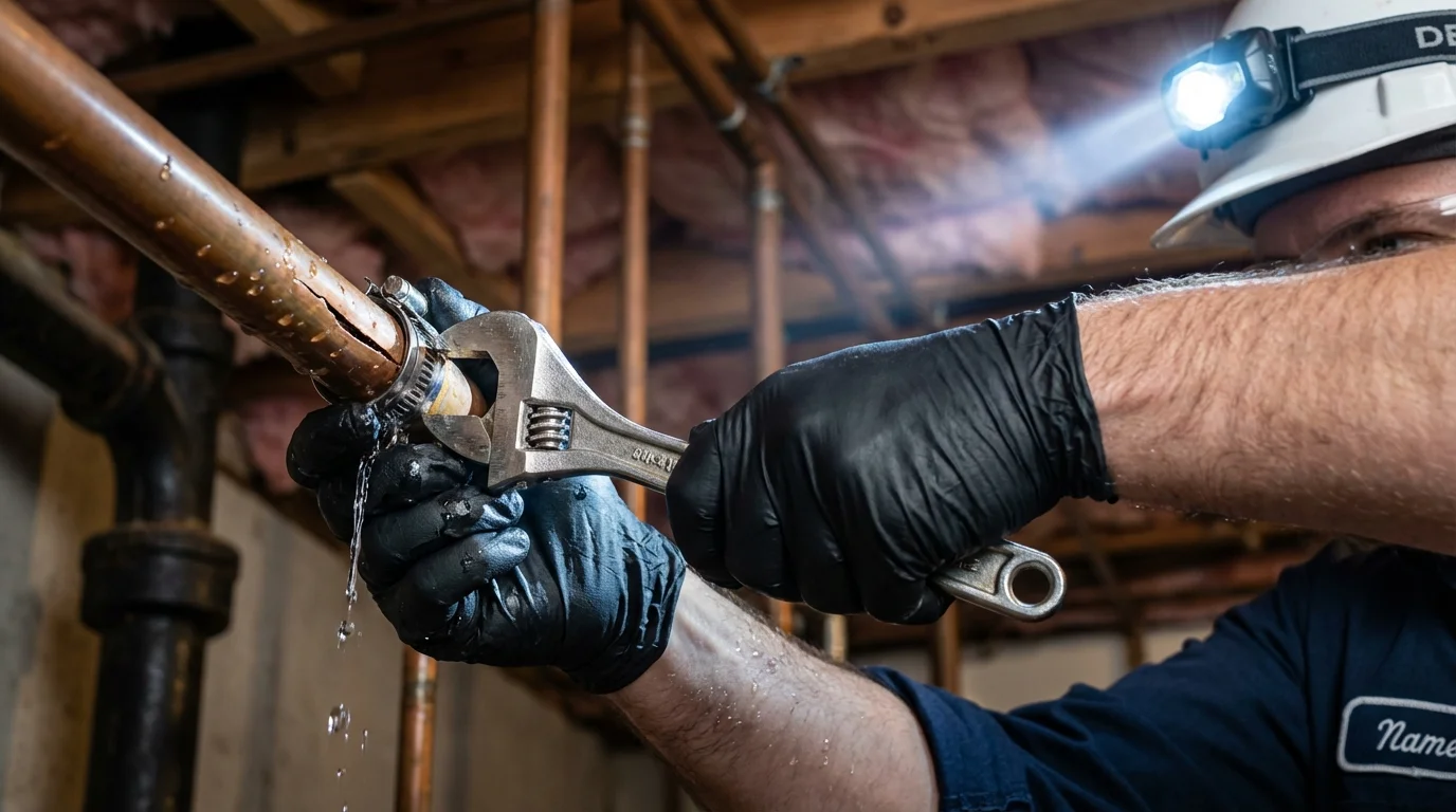 Emergency pipe clamp repair being performed by a Johns Plumbing LLC plumber in Sparta
