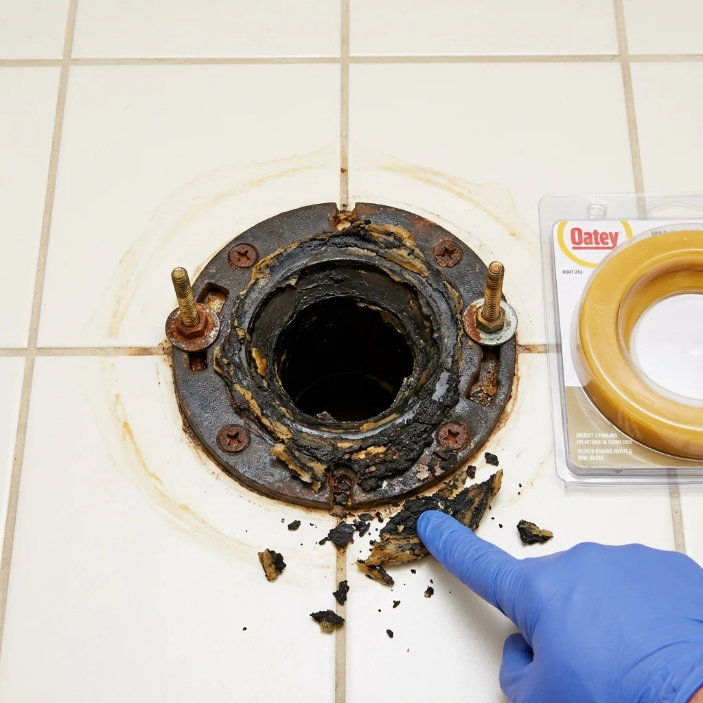 Failed wax ring showing water seepage at the base of a toilet in a Sparta, WI home