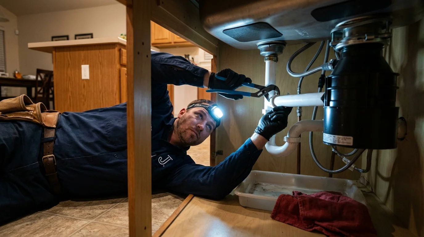 P-trap and supply line connections under a kitchen sink showing a common leak point in Sparta, WI